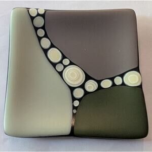 Artist Signed Jenn Ferrante Fused Glass Trinket Catchall Plate Gray Green 4 X 4